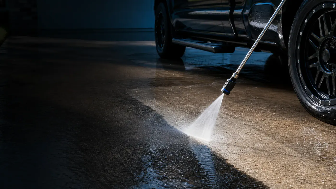 AI-generated concept showing a pressure-washing pass across concrete